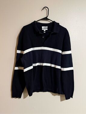COS Navy and White Relaxed-Fit Striped Polo Sweater Size Large